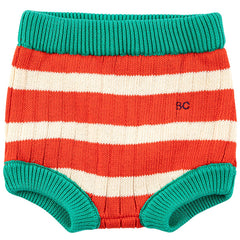 Striped Knitted Culotte by Bobo Choses. Red shorts. Designed with elasticated waistband, embroidery, texture knit.