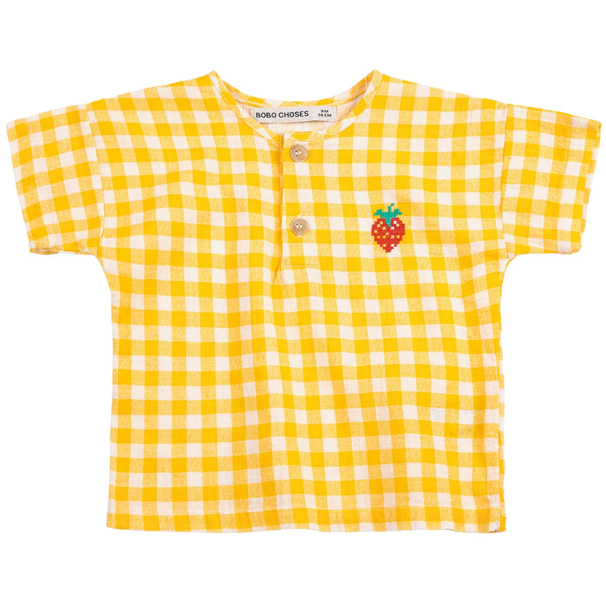 Pixel Strawberry Vichy Woven Blouse by Bobo Choses in yellow gingham fabric with front buttons and pixel strawberry embroidery.