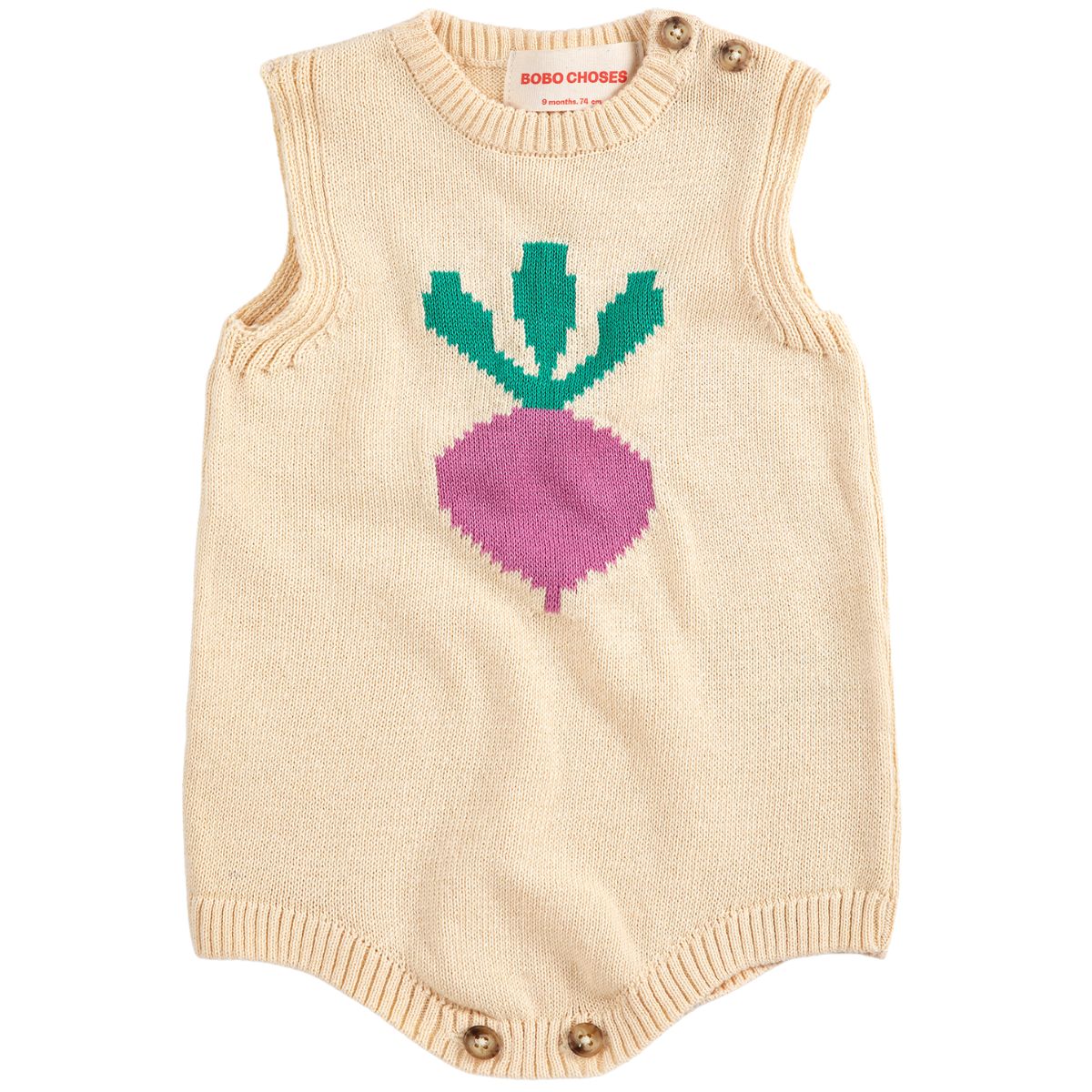 The Pixel Sugar Beet Knitted Romper by Bobo Choses, cream knit baby romper with pixel beet motif and button shoulder details.