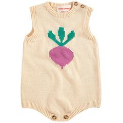 The Pixel Sugar Beet Knitted Romper by Bobo Choses, cream knit baby romper with pixel beet motif and button shoulder details.