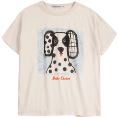 The Van Dog Tee by Bobo Choses, cream short-sleeve kids T-shirt with illustrated spotted dog graphic on the front.
