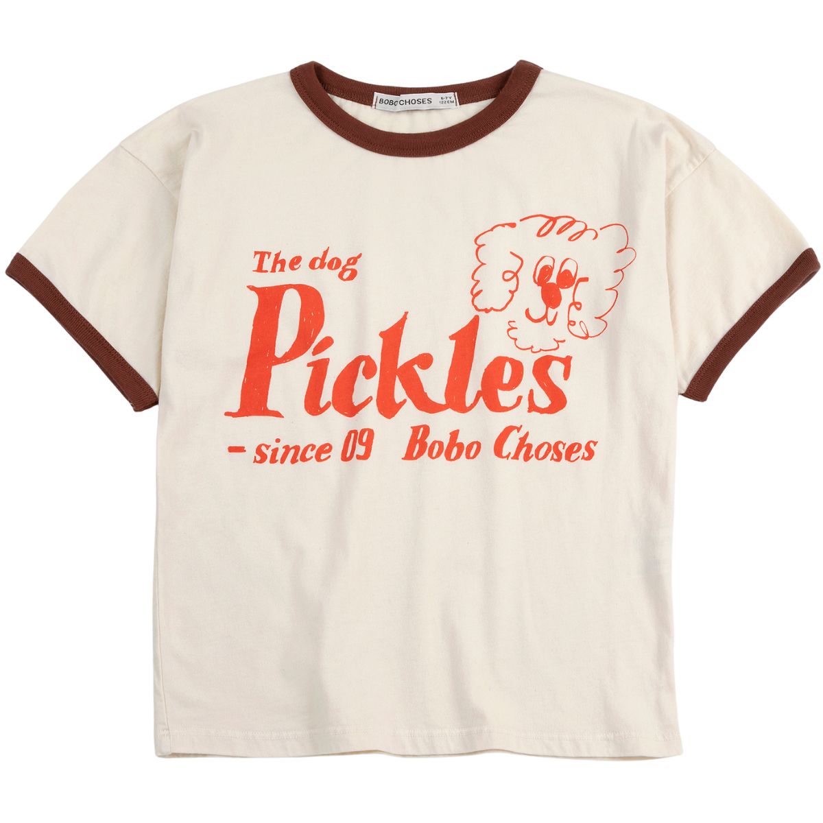 The Pickles The Dog Tee by Bobo Choses, cream kids T-shirt with brown trim and bold red Pickles dog text graphic.