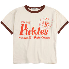 The Pickles The Dog Tee by Bobo Choses, cream kids T-shirt with brown trim and bold red Pickles dog text graphic.