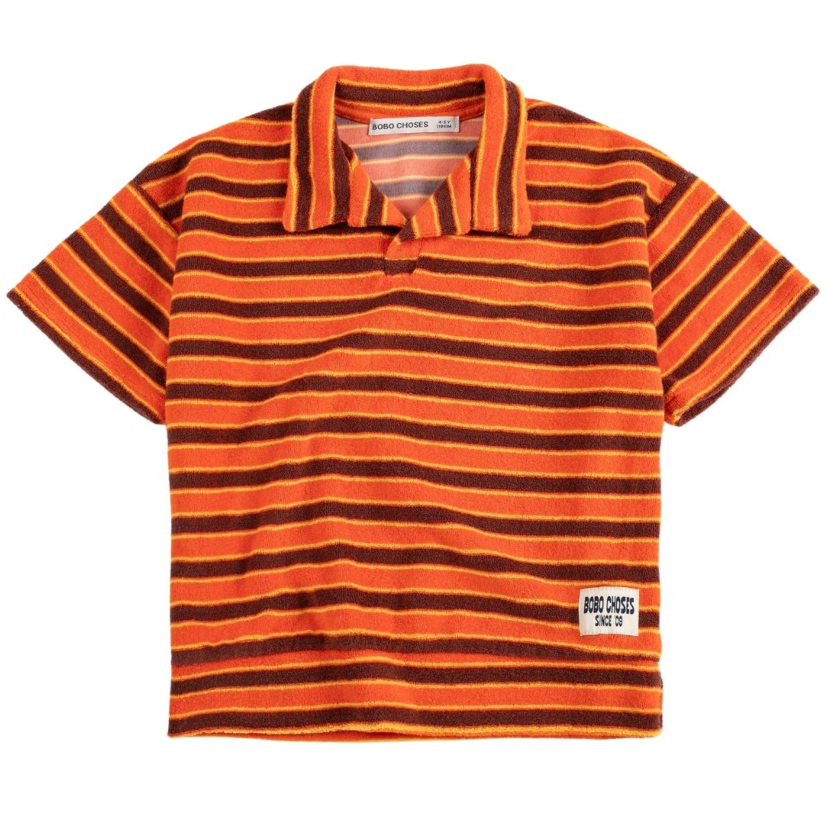 The Striped Brick Terry Cloth Polo from Bobo Choses. Orange t-shirt. Designed with short sleeves, polo neck.