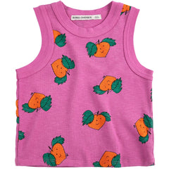 The Tangerine All Over Tank Top by Bobo Choses, pink ribbed kids tank with all-over smiling tangerine print.