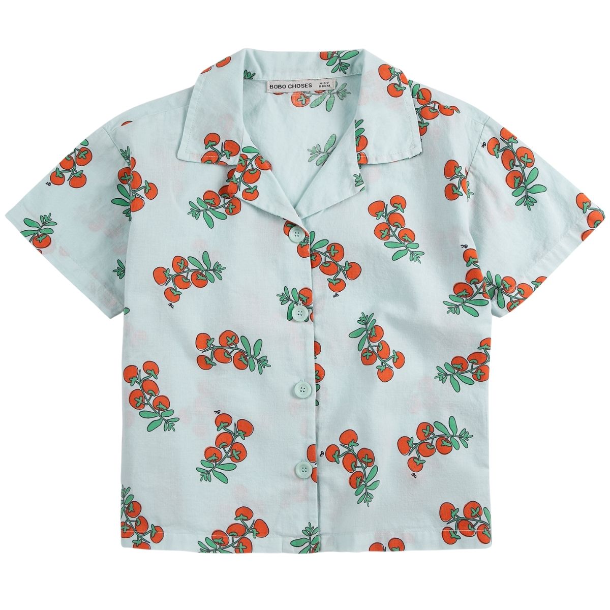 The Juicy Tomatoes All Over Woven Shirt by Bobo Choses, light blue short-sleeve shirt with all-over red tomato print.