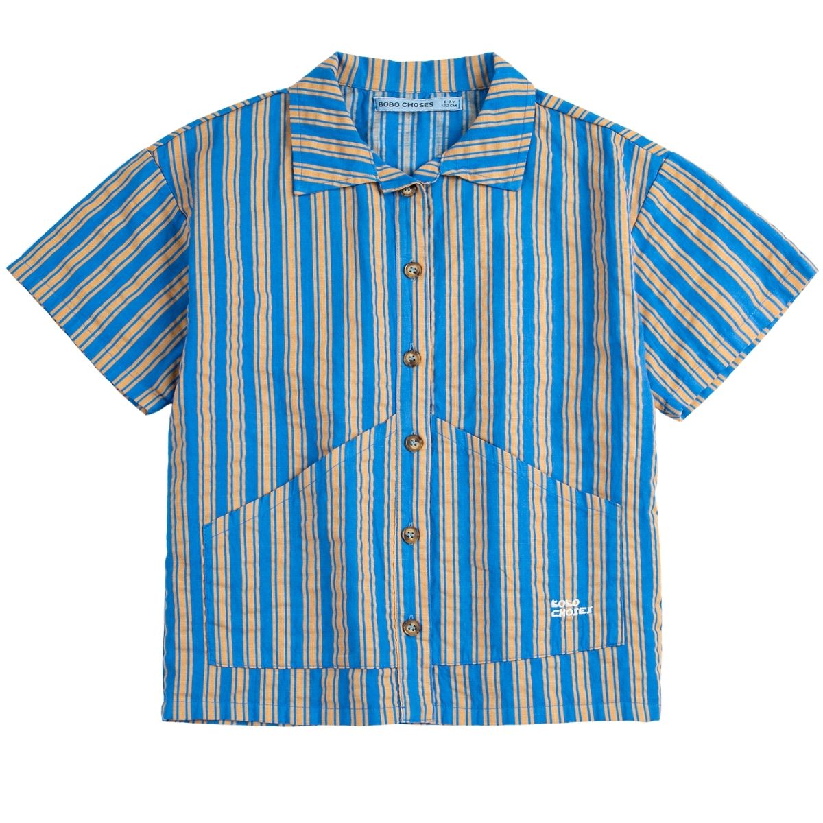 New Hairline Woven Shirt by Bobo Choses. Striped navy blue shirt with tailored collar, short sleeves and patch pocket.