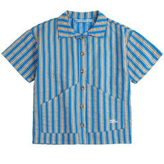 New Hairline Woven Shirt by Bobo Choses. Striped navy blue shirt with tailored collar, short sleeves and patch pocket.