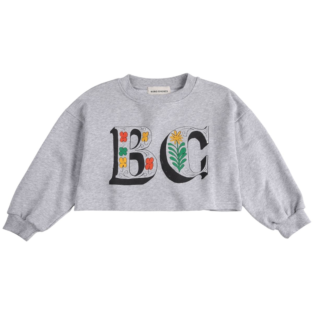 The Spring Letters Cropped Sweatshirt by Bobo Choses, grey cropped sweatshirt with colorful BC floral lettering on the front.