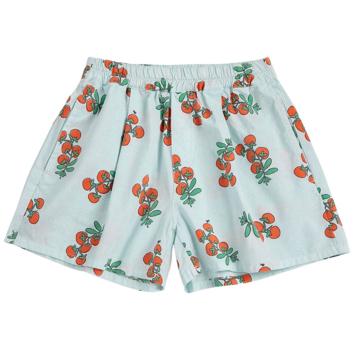 The Juicy Tomatoes Woven Shorts by Bobo Choses, light blue elastic-waist shorts with all-over red tomato print.