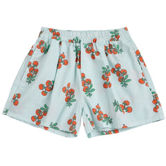 The Juicy Tomatoes Woven Shorts by Bobo Choses, light blue elastic-waist shorts with all-over red tomato print.