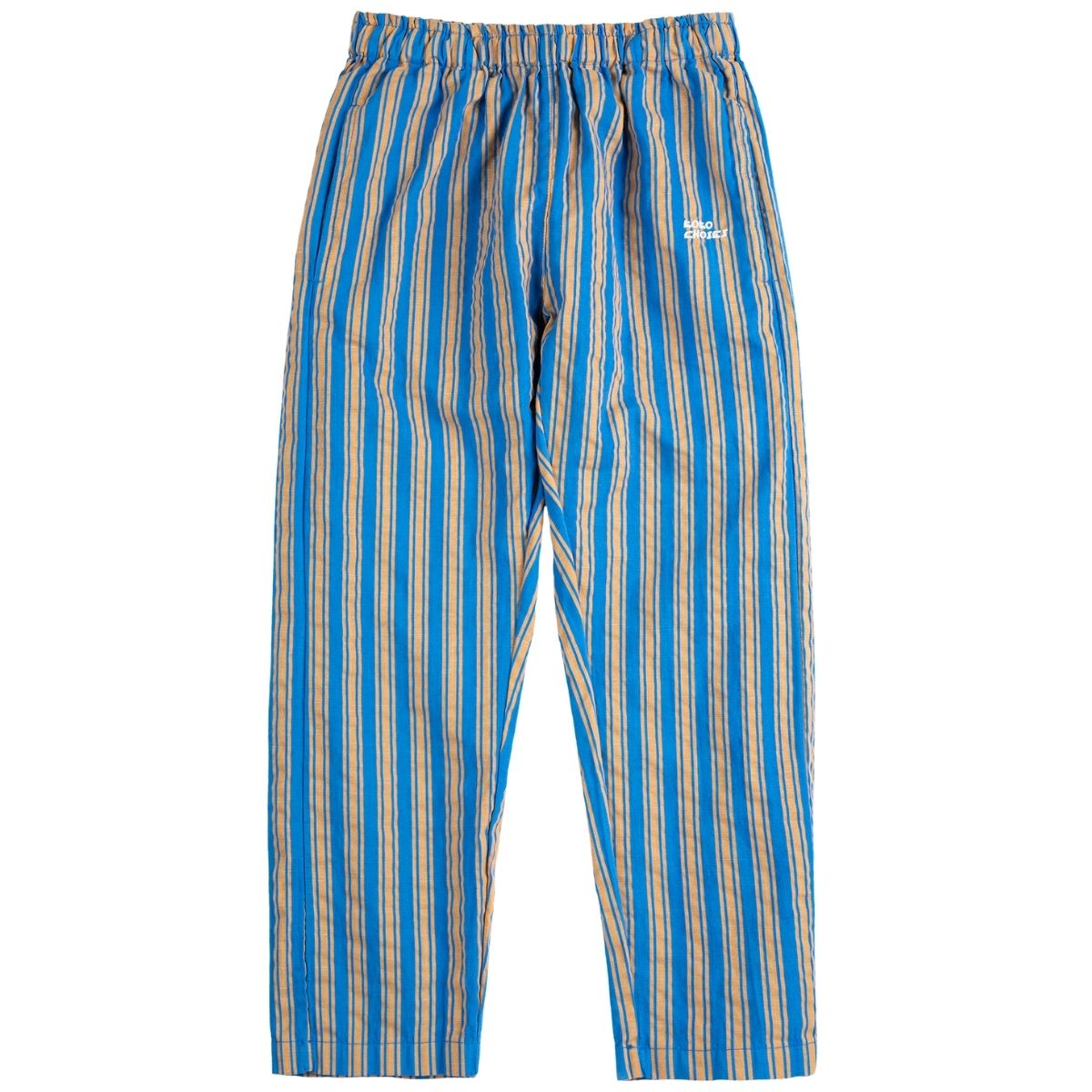 The New Hairline Woven Pants from Bobo Choses. Striped navy blue pants with elasticated waistband, embroidery.