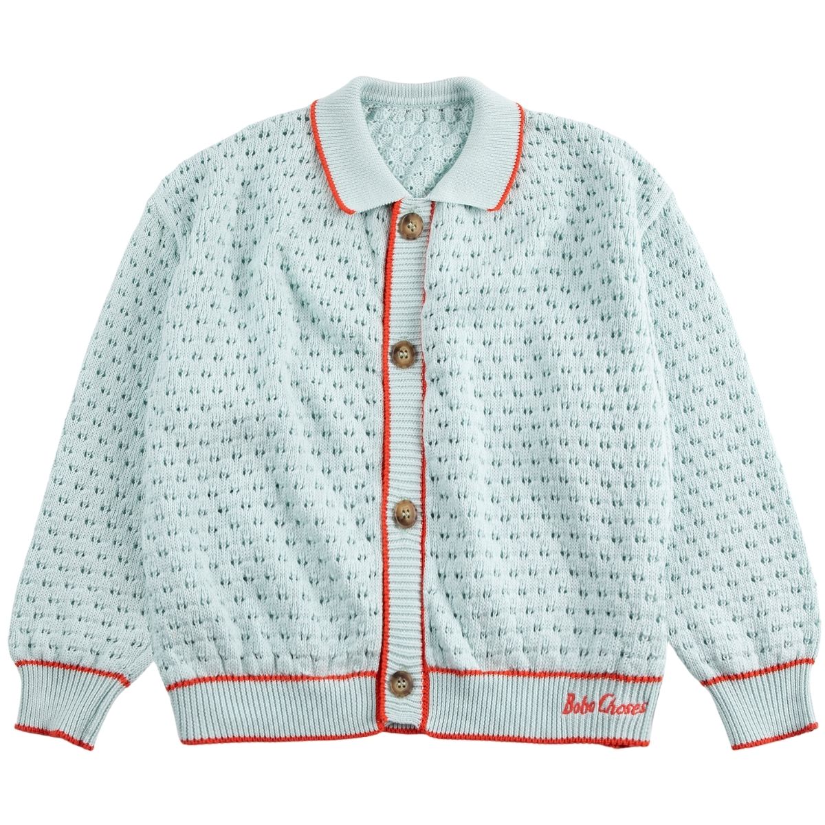 BC Openwork Cardigan by Bobo Choses in light blue knit with textured openwork, front buttons, and contrast trim.