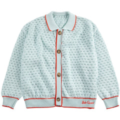 BC Openwork Cardigan by Bobo Choses in light blue knit with textured openwork, front buttons, and contrast trim.