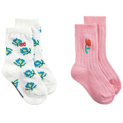 The Flower Short Socks Pack x2 by Bobo Choses, featuring one white floral pair and one pink ribbed pair with embroidered flower detail.