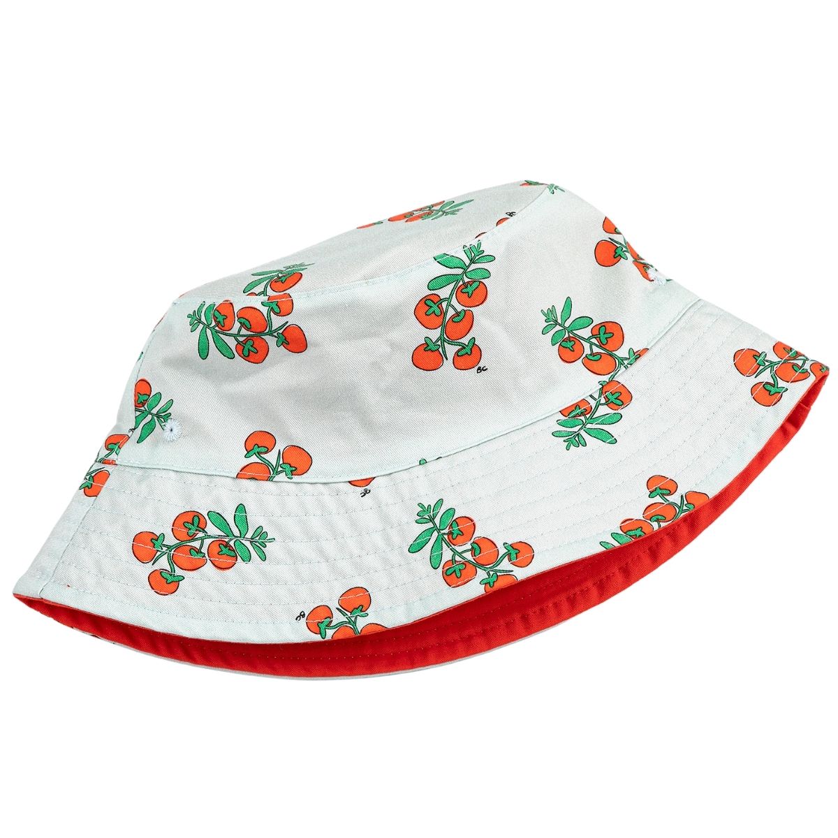 The Juicy Tomatoes All Over Reversible Hat by Bobo Choses, tomato-print bucket hat with a red reverse side and white logo print.
