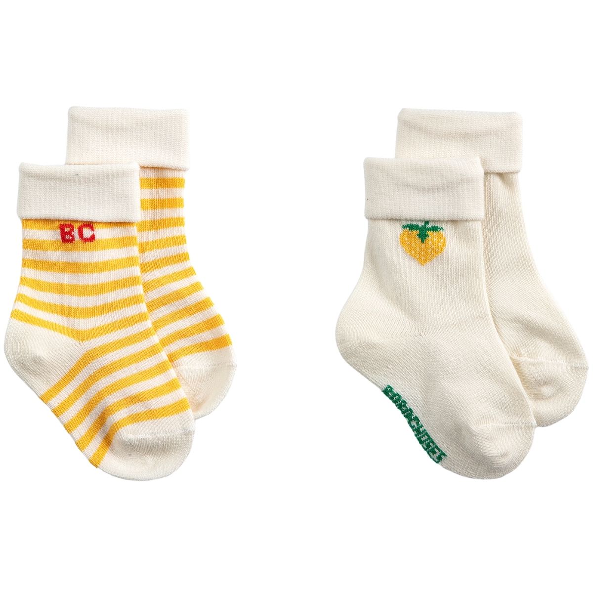 The Pixel Strawberry Short Socks Pack x 2 by Bobo Choses, two pairs of short socks with yellow stripes and pixel strawberry details.