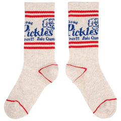 The Pickles The Dog Long Socks by Bobo Choses, cream ribbed socks with red stripes and blue Pickles dog graphic.