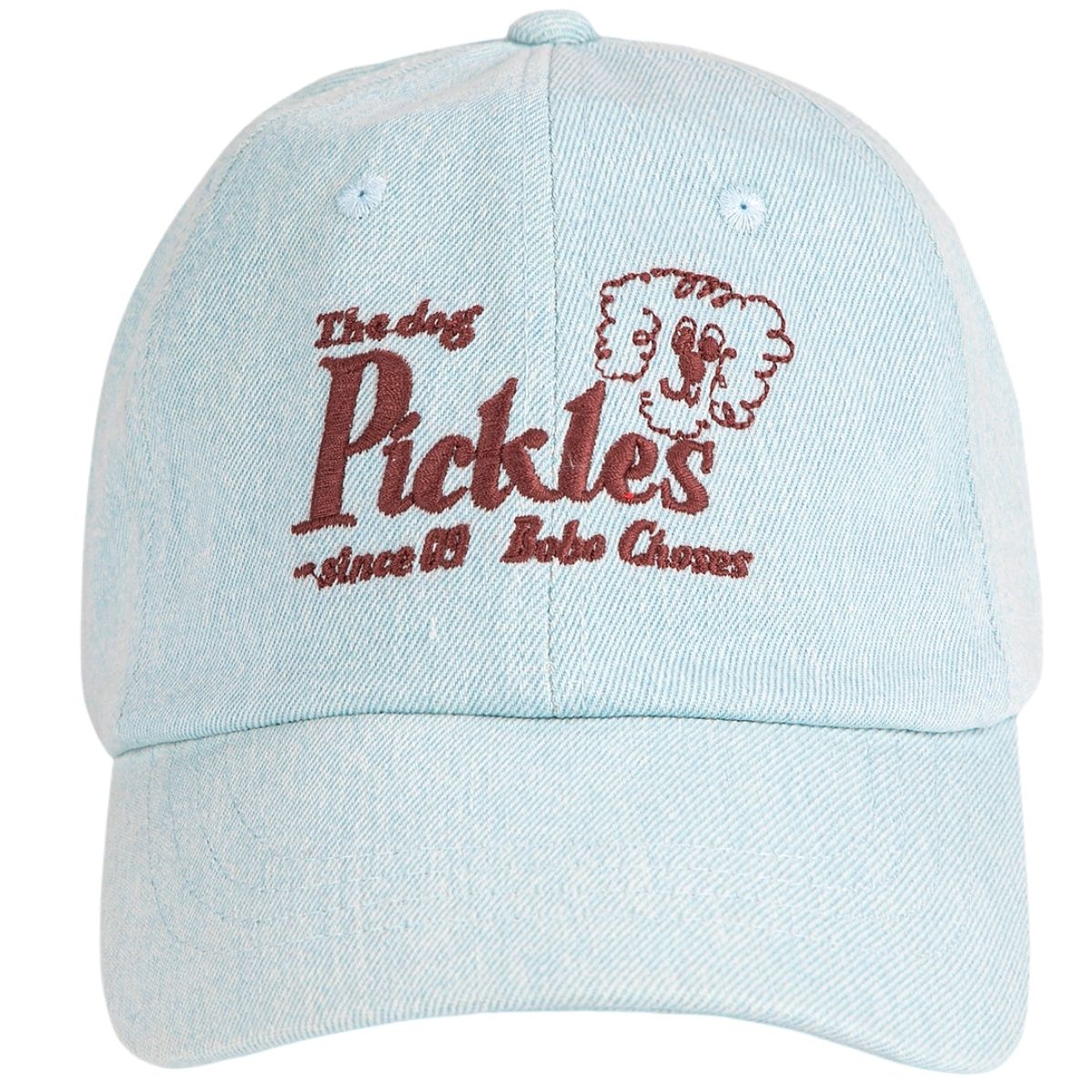 The Pickles The Dog Denim Cap by Bobo Choses, light blue denim cap with embroidered Pickles dog logo on the front.