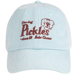 The Pickles The Dog Denim Cap by Bobo Choses, light blue denim cap with embroidered Pickles dog logo on the front.