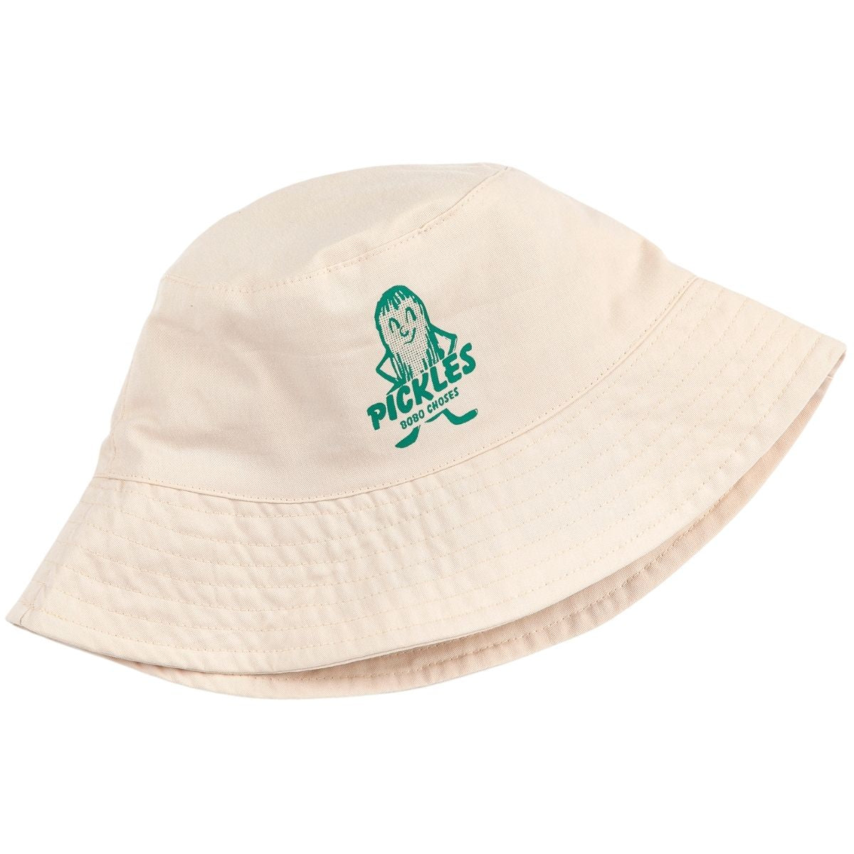 Bobo Choses Pickles Reversible Hat by Bobo Choses, cream bucket hat with green Pickles character print on the front.