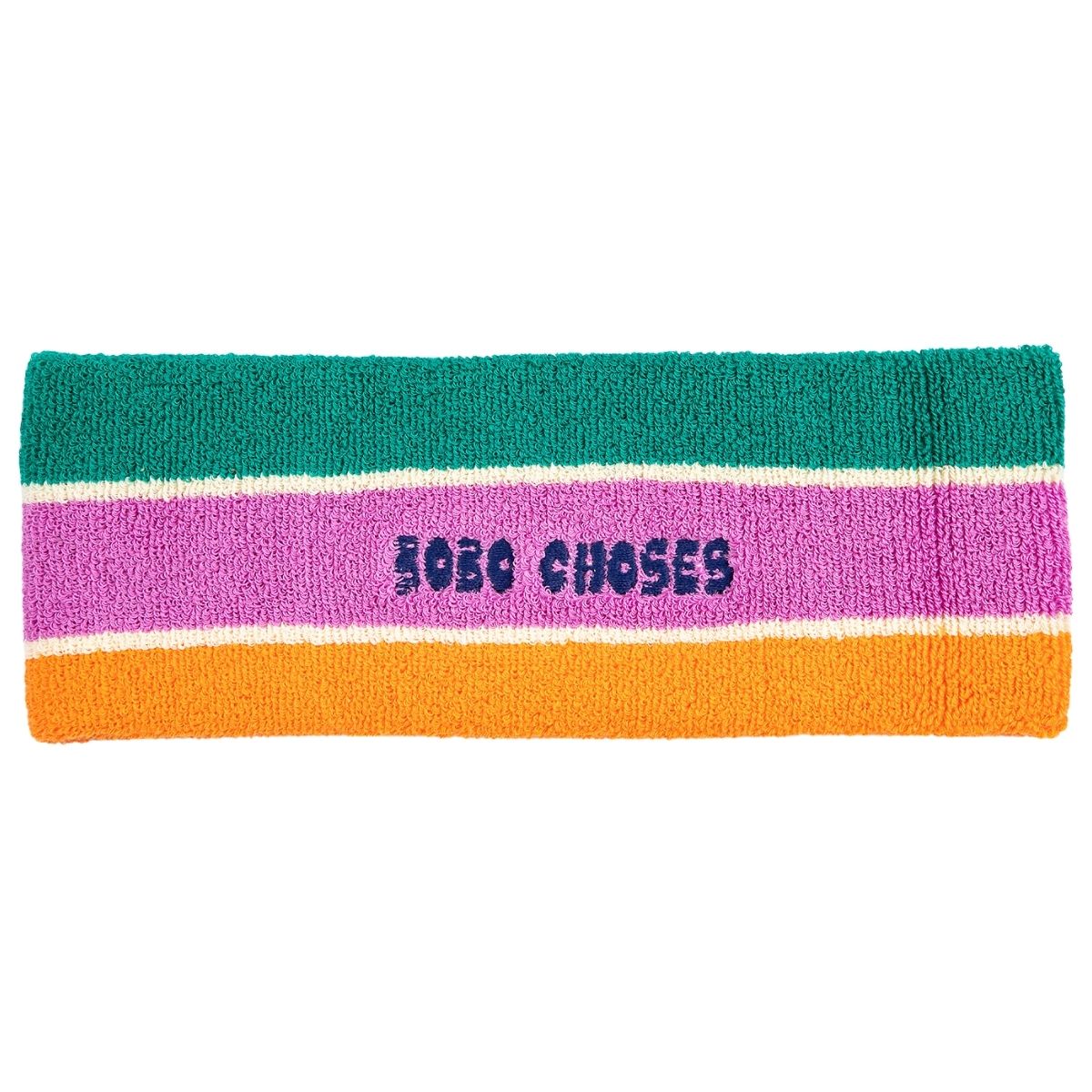 Bobo Choses Striped Terry Cloth Headband by Bobo Choses, green, pink, and orange striped headband with logo embroidery.