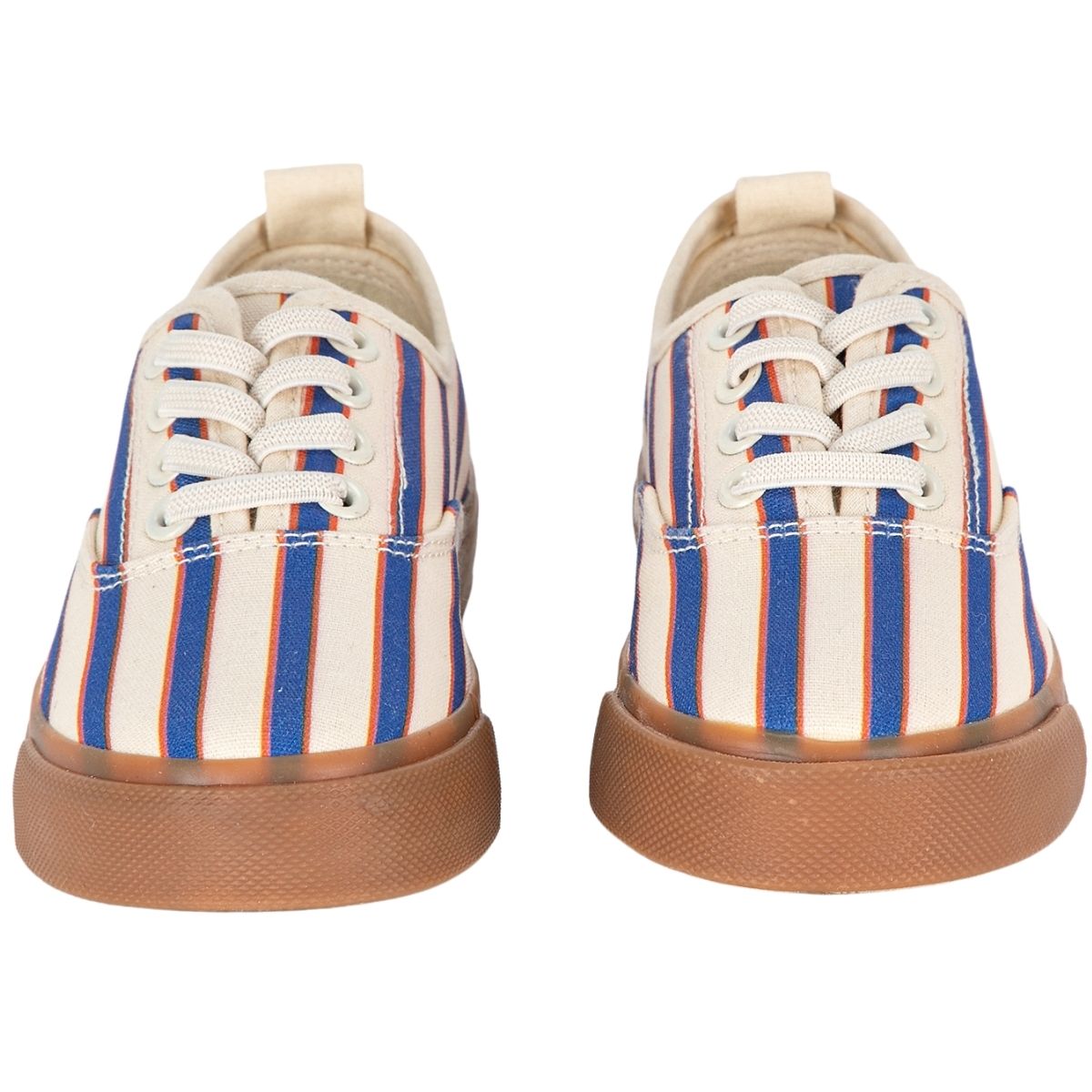 Bobo Choses Striped Sneakers by Bobo Choses, cream canvas sneakers with blue and orange stripes and brown rubber soles.