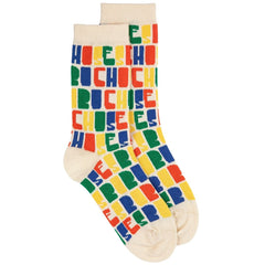 Bobo Choses Color All Over Long Socks by Bobo Choses, cream socks with multicolor letter print in blue, green, yellow, and red.