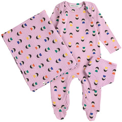 Game Pawn All Over Gift Set by Bobo Choses with pink romper, envelope neck, and blanket featuring colorful character pattern.