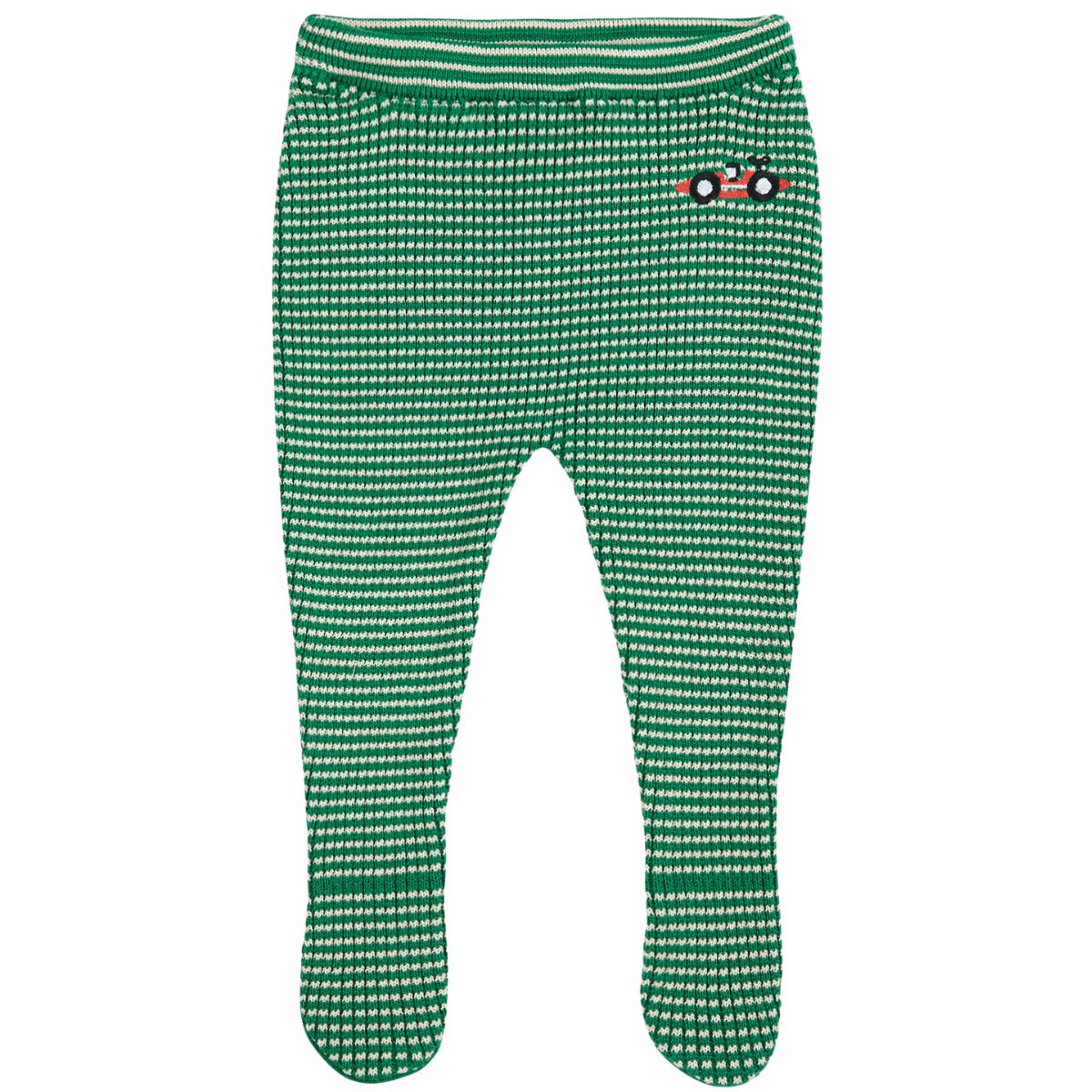The Race Car Knitted Footed Leggings from Bobo Choses. Green and white checkered baby leggings with a small logo.