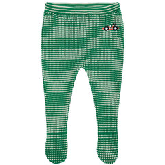 The Race Car Knitted Footed Leggings from Bobo Choses. Green and white checkered baby leggings with a small logo.