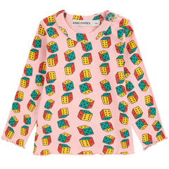 The Dices All Over Tee from Bobo Choses. Pink long-sleeve shirt with colorful dices pattern.