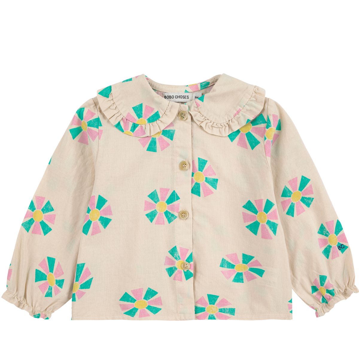 The Kaleidoscope All Over Blouse from Bobo Choses with colorful flower patterns on a white background.