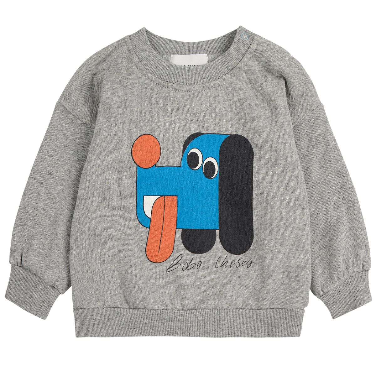 The Doggy Mate Sweatshirt from Bobo Choses. Gray sweatshirt with a colorful dog graphic.