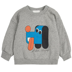 The Doggy Mate Sweatshirt from Bobo Choses. Gray sweatshirt with a colorful dog graphic.