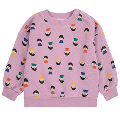 The Game Pawns All Over Sweatshirt from Bobo Choses. Purple sweater with colorful character pattern on a white background.
