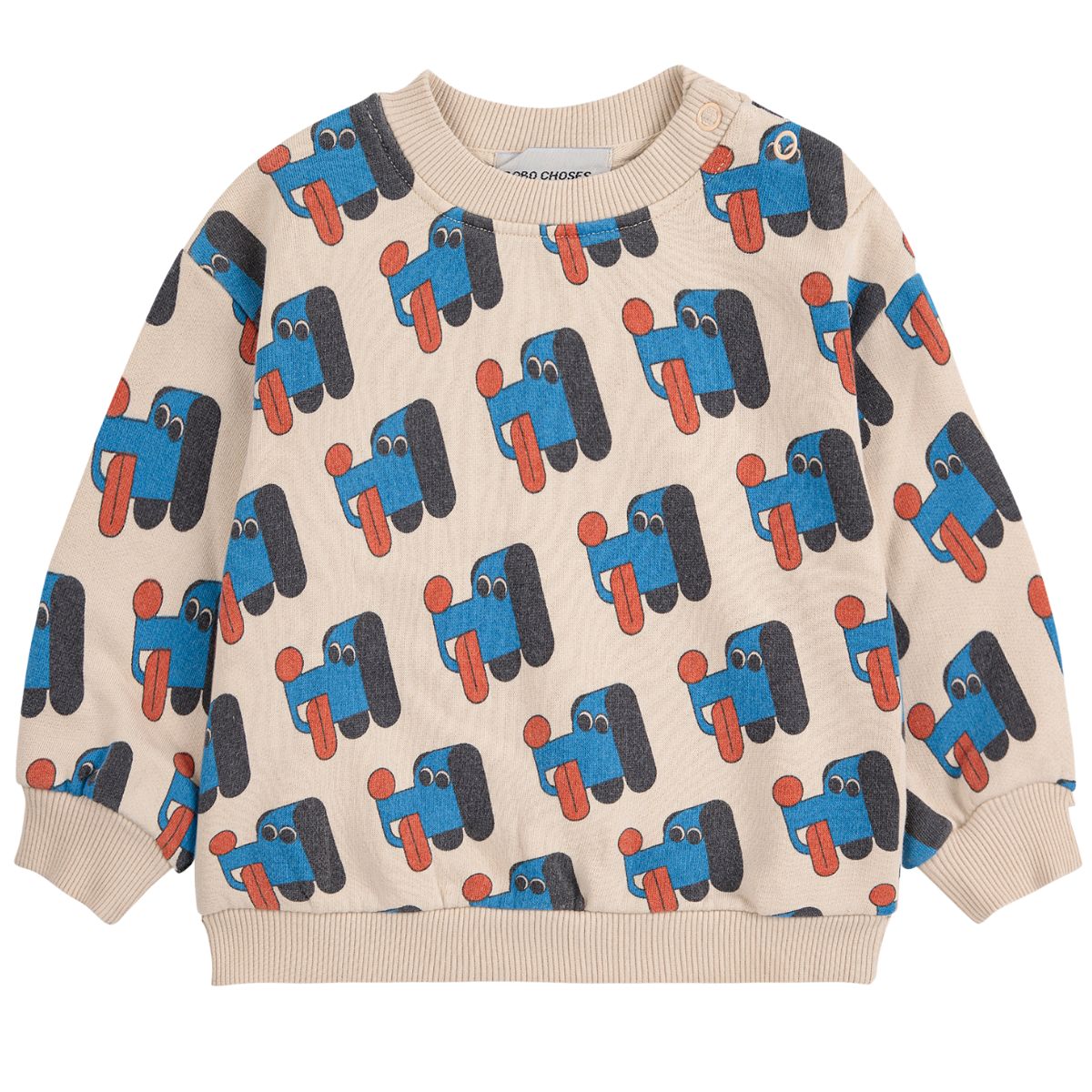 The Doggy Mate All Over Sweatshirt from Bobo Choses with blue and black doggy pattern on a beige background.