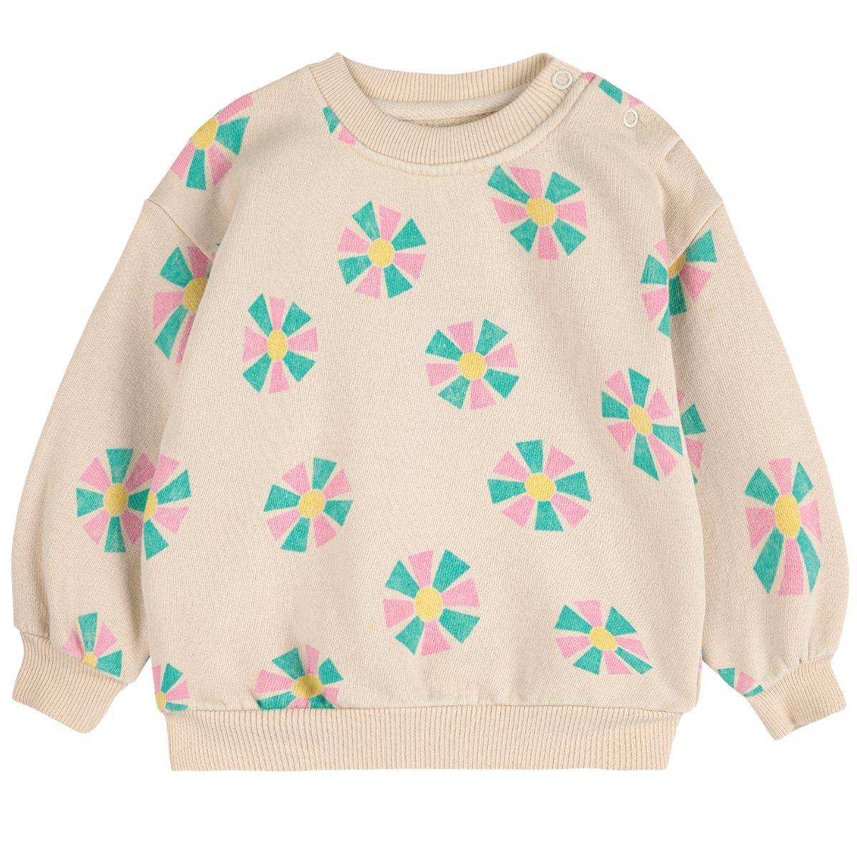 The Kaleidoscope All Over Sweatshirt from Bobo Choses. Beige sweater with colorful flower patterns.