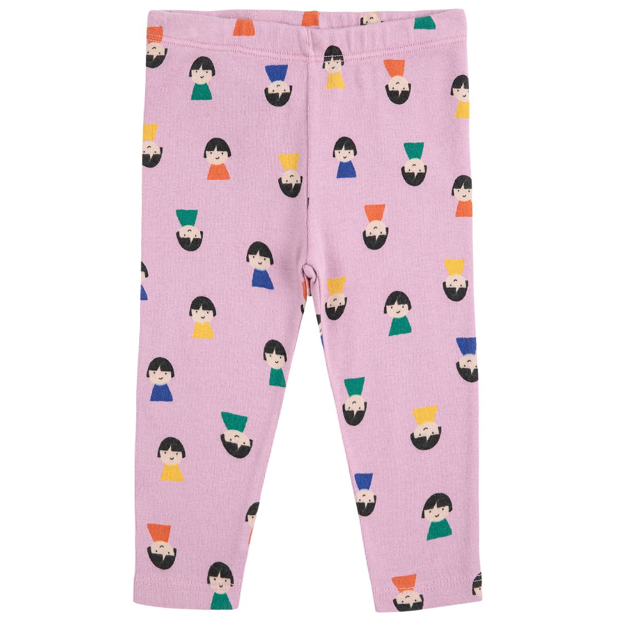 The Game Pawns All Over Leggings from Bobo Choses. Purple leggings with colorful character pattern.
