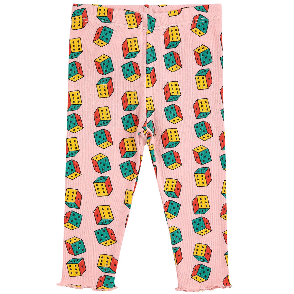 The Dices All Over Leggings from Bobo Choses. Leggings with all-over dice pattern on a pink background.