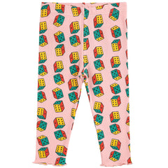 The Dices All Over Leggings from Bobo Choses. Leggings with all-over dice pattern on a pink background.
