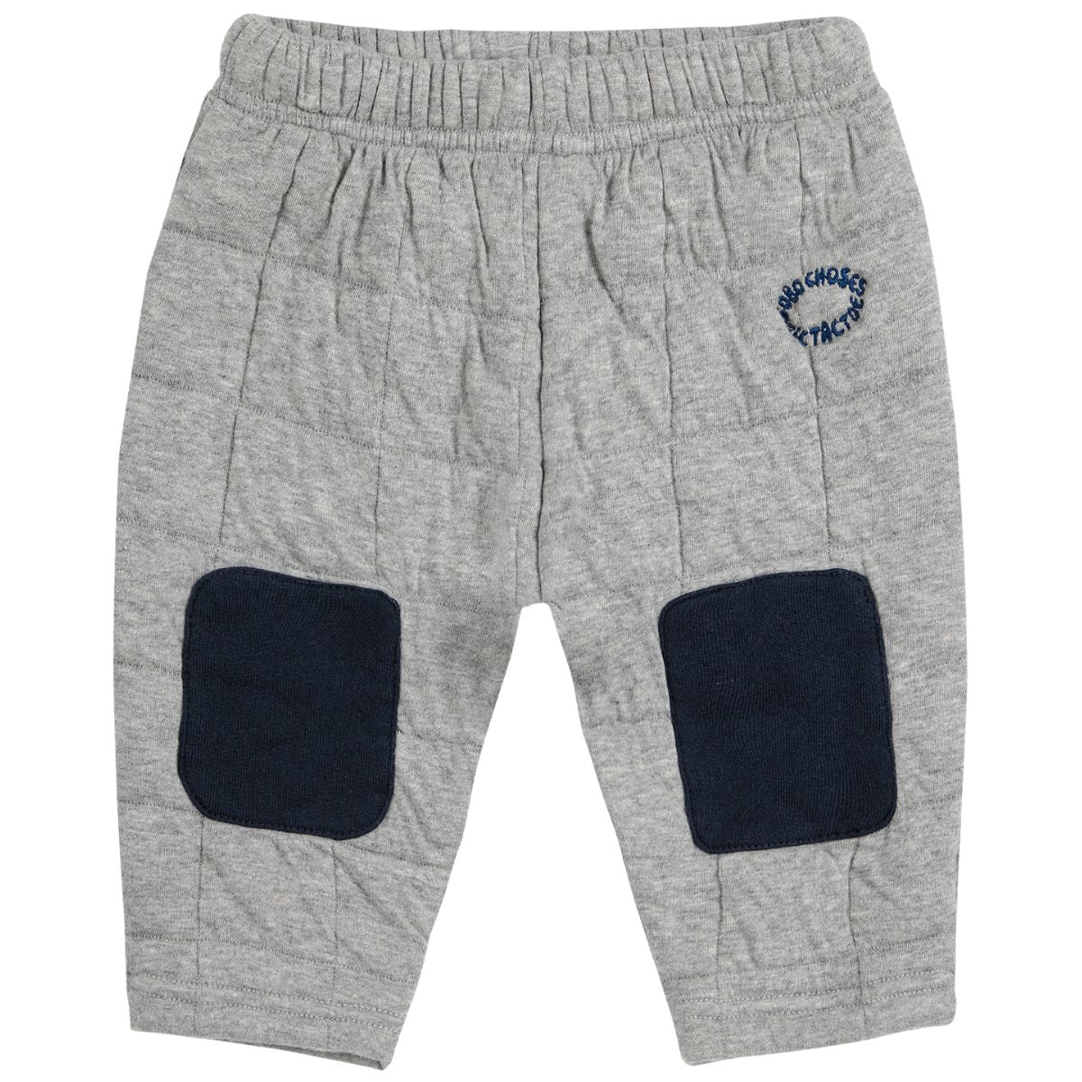 The Quilted Jogging Pants from Bobo Choses. Gray baby's pants with navy knee pads and logo.