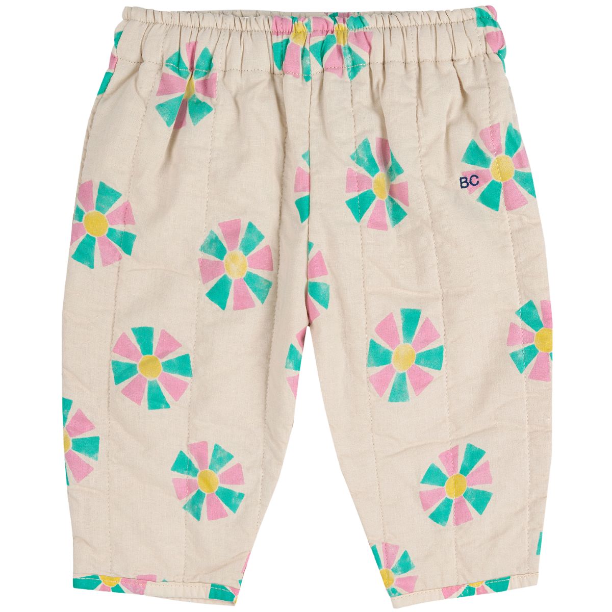 The Kaleidoscope All Over Quilted Pants from Bobo Choses. Beige pants with colorful flower patterns.