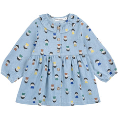 The Game Pawns All Over Light Denim Dress from Bobo Choses. Light blue denim dress with character pattern.
