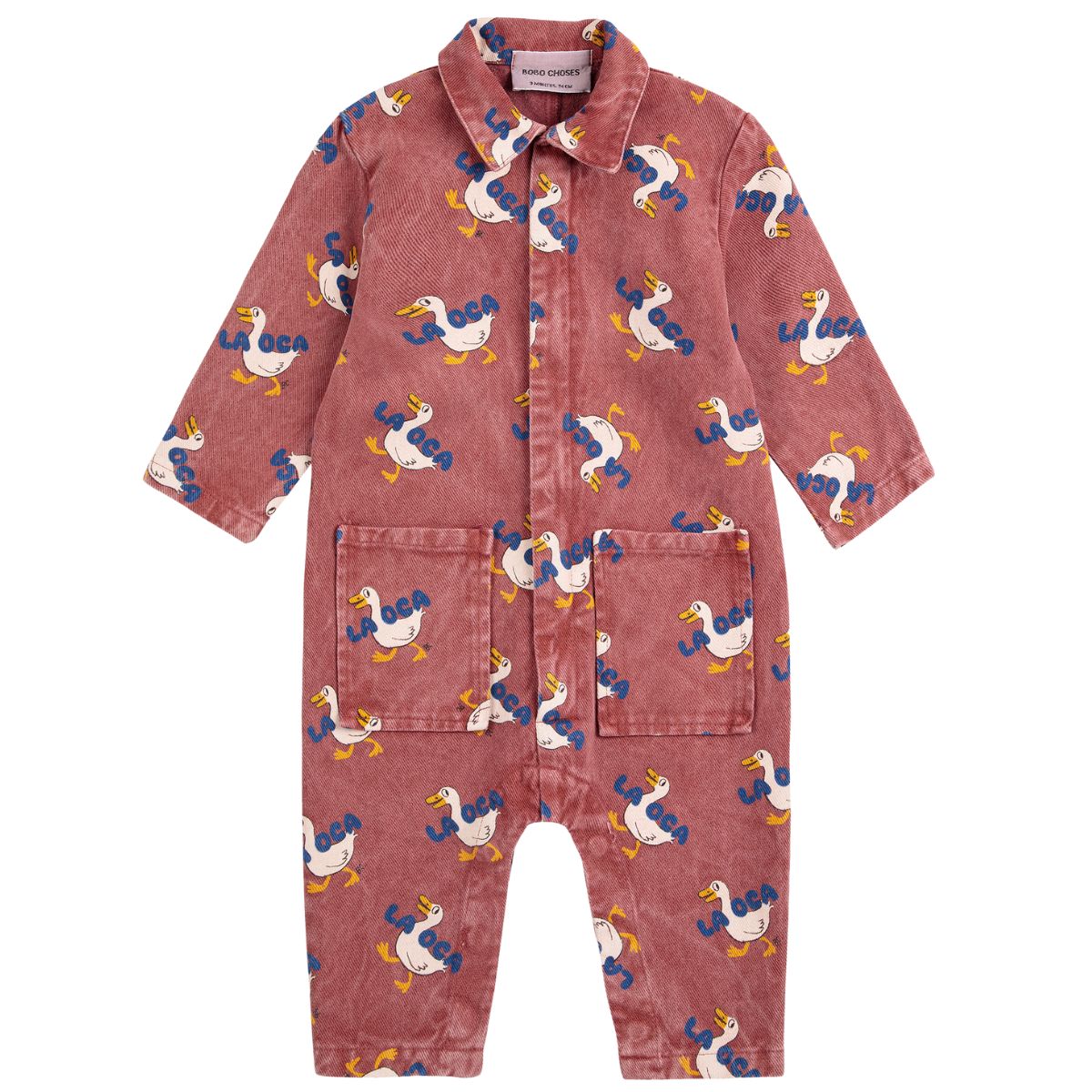 The La Oca All Over Woven Overall from Bobo Choses with duck pattern on a white background.