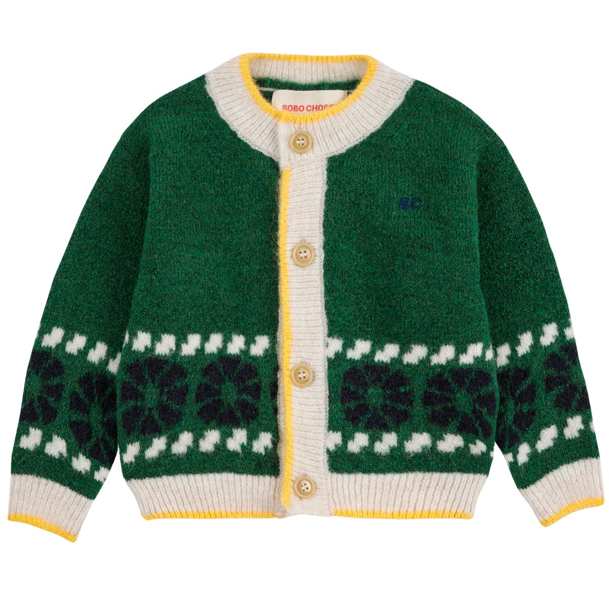 The Kaleidoscope Jacquard Cardigan from Bobo Choses in green with floral and geometric patterned design.