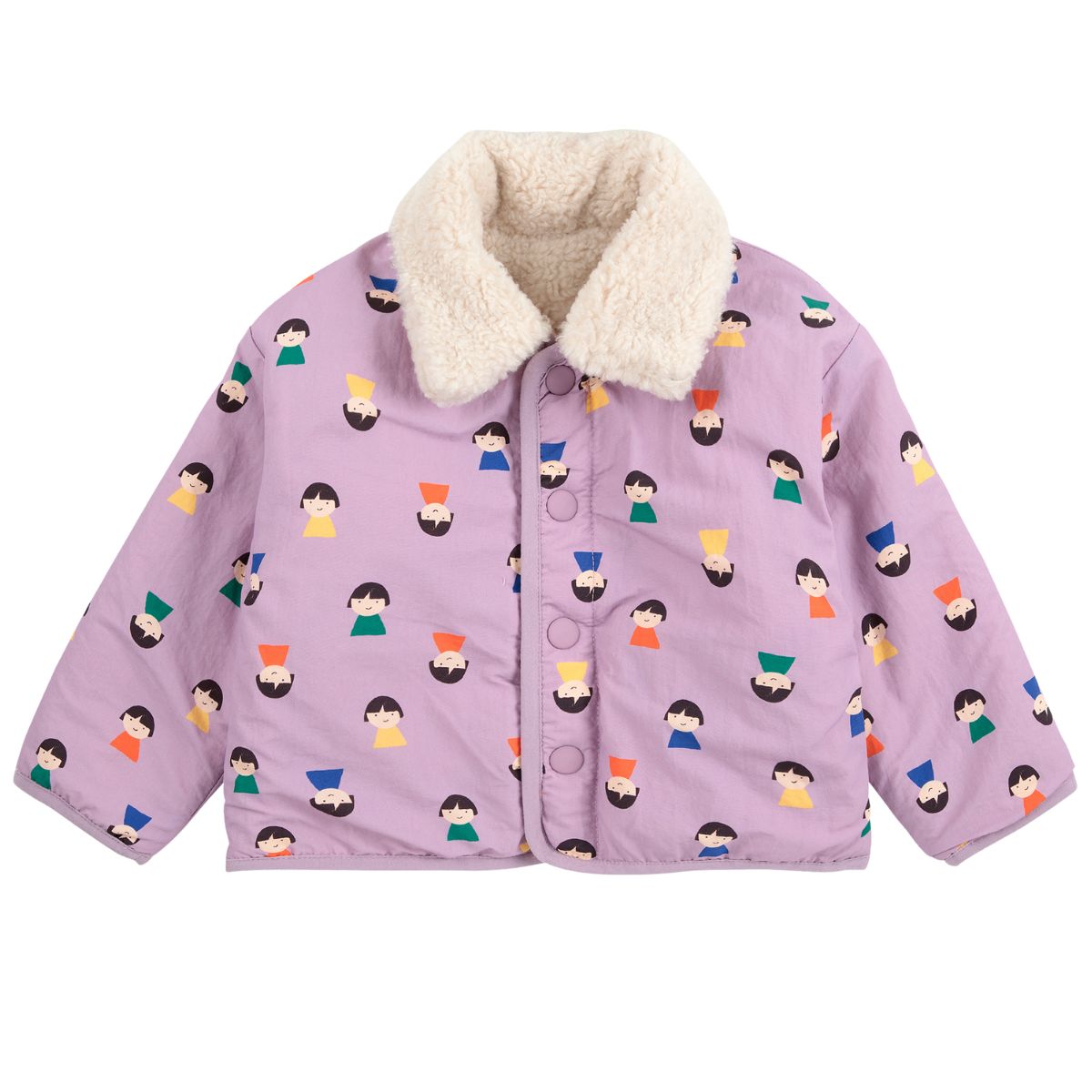 Game Pawns All Over Reversible Sheepskin Jacket by Bobo Choses in purple with colorful character pattern and white fleece collar.