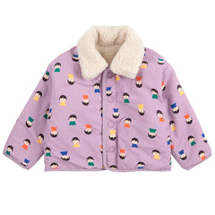 Game Pawns All Over Reversible Sheepskin Jacket by Bobo Choses in purple with colorful character pattern and white fleece collar.