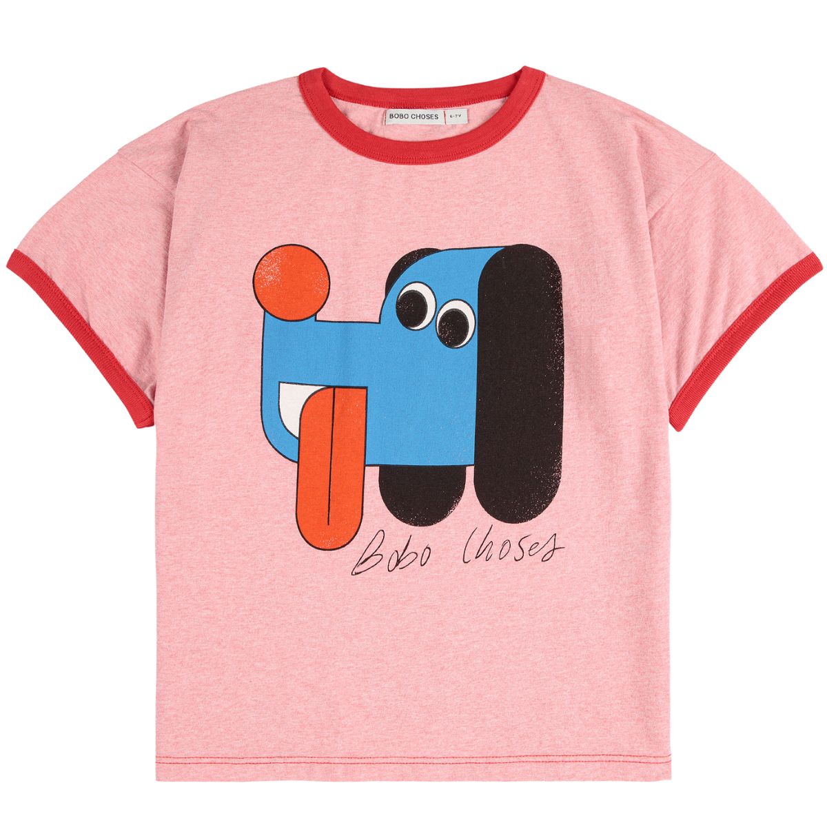The Doggy Mate Short Sleeve Tee from Bobo Choses. Red t-shirt with a colorful dog graphic.