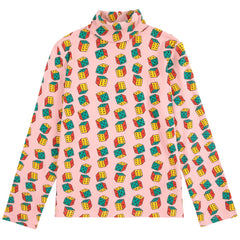 The Dices All Over Turtleneck Tee from Bobo Choses. Pink turtleneck with colorful dice pattern.